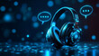 © jie - Modern wireless headphones with glowing speech bubble notification icons against a dark blue background with bokeh lights representing digital audio communication and immersive sound experiences