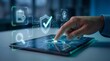 © Phatharaporn - A hand interacting with a glowing digital tablet displaying security icons and contract approval graphics