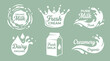 © naufal - Set of white milk and dairy logo labels with liquid splashes drops carton and cream crown icons on green background, concept for dairy branding, organic product packaging and shop marketing
