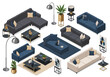 © teknik - Isometric furniture collection for living room interior design including sofas, coffee tables, lamps, and plants
