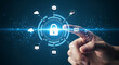 © Desti - Secure digital future with a human hand interacting with a glowing padlock icon, representing robust data protection, cybersecurity, and network privacy in a connected world