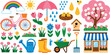 © Rafad_Studio - Spring garden elements collection with flowers bicycle umbrella wheelbarrow birds and blooming tree colorful vector illustration set