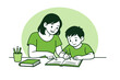 © Alex - Mother helping young son with homework at a desk, pointing at an open book while the child writes with a pencil in a simple illustration