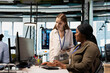 © DC Studio - Friendly IT expert teaching intern to use artificial intelligence. Jolly manager guiding junior dev through AI tool integration, mentoring her on using machine learning APIs