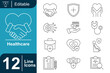 © dhearr - Healthcare icon set. Medical protection, hospital service, health insurance, doctor consultation, pharmacy medicine, patient care, medical record, wellness support and more. Line vector icons collecti