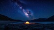 © Alex Pios - Serene Camping Scene Under Starry Night Sky with Milky Way Galaxy Over Water, Illuminated Tent on Sandy Shore, Perfect for Outdoor Adventure Lovers