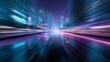© Taiwo - High speed motion on a futuristic city road at night.  Light trails from speeding vehicles traveling through a modern mega city with blue and purple neon glow