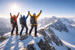 © thodonal - Climbers celebrating victory on snowy mountain peak at sunrise