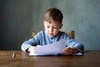 © Yan - A young boy is writing at a desk. He’s focused on his work in a quiet, domestic setting.