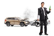 © Ljupco Smokovski - Drunk man in a torn suit holding a beer bottle and a steering wheel in front of a car crash