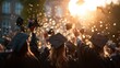 © Sukses - Grads toss caps in air celebrating as confetti falls at sunset
