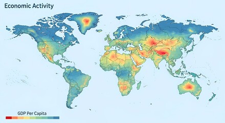 Naklejka na meble A world map visualizing economic activity, represented by GDP per capita, with a color gradient indicating varying levels of economic output across different regions.