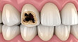 © MUHAMMAD - Close-up view of teeth with one decaying molar showing cavity and dark brown decay in the center of a molar tooth.