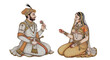 © Amri - Illustration of a traditional Indian man and woman sitting cross-legged, dressed in ornate attire, exchanging flowers on a plain white background.