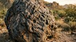 © Nabila - Closeup view of a large, rough, and pitted volcanic rock with intricate natural textures in a desert landscape.