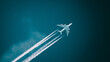 © Niams Haus - contrail. Airplane ascending into blue sky with white contrails, captured against a clean gradient background. mobility guides, transit brochures, designed for transport & logistics marketing.