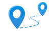 © InfiniteDesign - Two bright blue 3d location pins connected by a dashed line route on transparent background