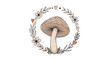 © Gofur - Charming botanical illustration of a large spotted mushroom centered within a circular wreath of delicate leaves, blossoms, and hearts.
