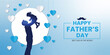 © AL - Happy father day banner with silhouette of dad lifting child up high against white moon background decorated with blue and white hearts