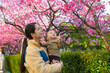 © leungchopan - Mother holding baby enjoying Sakura blossoms outdoors