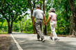 © narong - Back of Asian senior man hold hands of senior woman and walk along the road in public park with happiness during exercise and relax together.