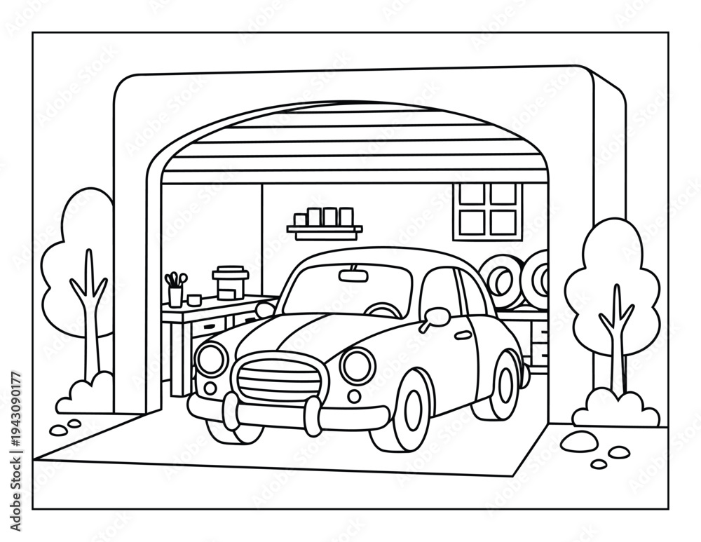 Garage coloring page illustration with car parked inside home auto ...