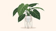 © jomadderrois - Lush green potted plant illustration featuring large tropical leaves in a modern woven basket resting on a minimalist metal stand.