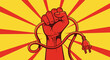 © Riyal - Fist holding electric plug, powerful gesture, red and yellow background, symbol of energy and control