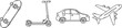 © Nasima - A set of four transportation icons including a skateboard, scooter, car, and airplane, illustrated in a simple black and white line art doodle style on a clean background