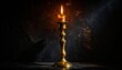 © Melia - A solitary golden candlestick with a vibrant burning flame casting warm light and shadows against a textured dark background