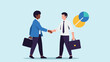 © Muqtadir - Modern illustration of two businessmen shaking hands, with a pie chart in the background, symbolizing successful collaboration and data-driven business decisions.