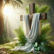 © Cliff - Rustic wooden cross draped with white linen cloth and fresh green palm leaves, symbolizing the Resurrection and Christian Easter concept, in soft natural light