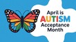 © Design Store - April is autism acceptance month graphic with colorful butterfly and abstract speech bubble shapes on blue background