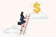 © Md Sabbir - Businesswoman in suit climbing a red ladder towards a giant golden dollar sign on a cloud, symbolizing career growth, financial success, ambition, and reaching wealth goals in flat vector style.