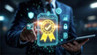 © Faisal - Businessman in a suit interacting with a glowing digital quality assurance badge icon, surrounded by various business and security icons, representing certification, compliance