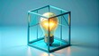 © Kasdi - Glowing light bulb inside transparent cube futuristic innovation concept minimal design