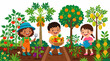 © Fadil - Joyful diverse children cultivating and harvesting a bounty of fresh fruits and vegetables in a vibrant home garden, fostering healthy eating habits and connecting with nature