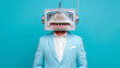 © Vivid_Vision - Surreal businessman in blue suit with a shark inside a vintage TV head, conceptual art