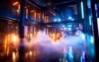© Malika - Modern Industrial Hall with Turbine Elements and Colorful Neon Lighting