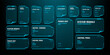 © Shells - Hud vector graphics set for futuristic user interface design. Technology dashboard elements showing system status, power unit, and control panel. Digital data visualization display.