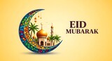 Eid mubarak greeting with mosque and crescent moon
