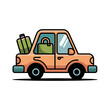 © Jackson - A cartoon illustration of a small orange car with luggage and a handbag