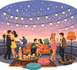 © Viktar - A rooftop gathering in the 1960s style, with a dreamy twilight sky glittering with stars, and gentle lights highlighting vintage furnishings and décor