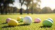 © cllareta - Golf ball surrounded by colorful Easter eggs on a sunny golf course green