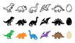 © David - Set of simple dinosaur vector icons featuring T-Rex, Triceratops, and Stegosaurus in three different styles: outline, solid black silhouette, and flat color