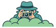 © labirint - Cartoon illustration of a spy hiding in bushes depicting a sneaky detective taking photos for surveillance and security design