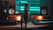 © Natali IQstock - Podcast recording microphone with digital audio workstation in music studio audio production workspace showing a professional condenser microphone mounted in a shock mount position