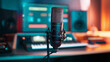 © Alexander - Podcast recording microphone with digital audio workstation in music studio audio production workspace showing a professional condenser microphone mounted in a shock mount position