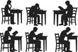 © Goutom - Student reading and studying at desk silhouette set showing people learning, preparing for exams and studying books in classroom or home education concept