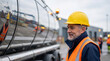© ViskBx - A cheerful senior truck driver in a yellow hard hat and safety vest smiles next to his large tanker truck.